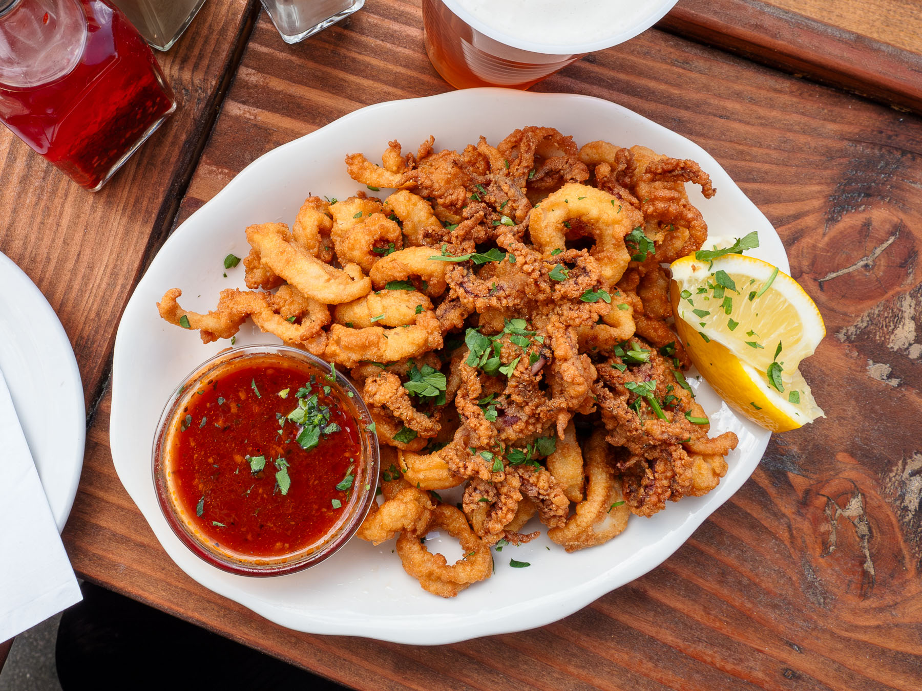 Fried Calamari On a Plate With Seafood Tomato Red Sauce Parsley and Lemon from The Daily Catch North End